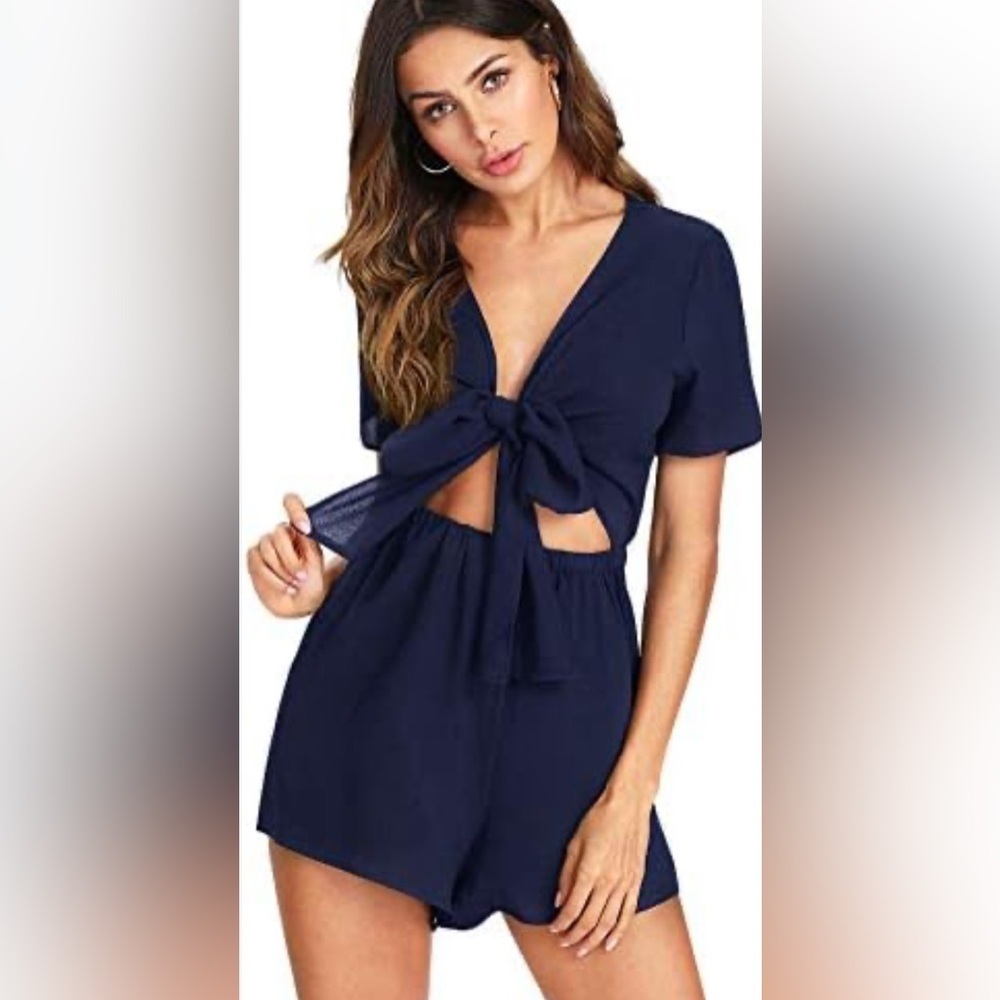 Sweaty Rocks Navy Blue Shorts Romper Front Tie Bare Midriff Lightweight Summer